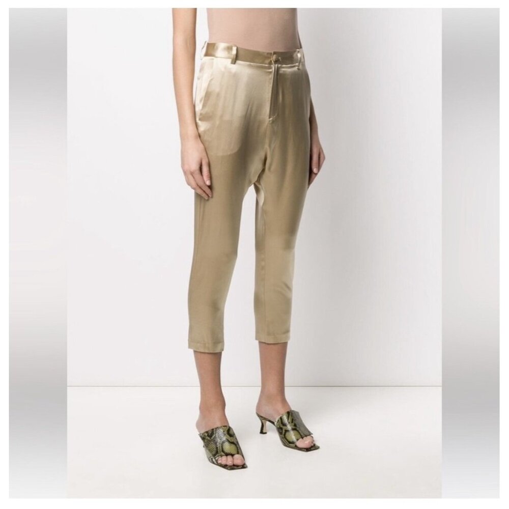 Nili Lotan Gold Silk Ankle Drop Crotch Cropped Pants $690, Size 10